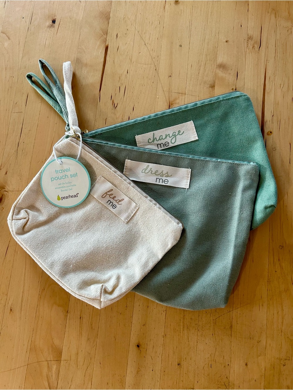 Pearhead 3-Piece Canvas Travel Pouch Set Sage Green Cream NWT